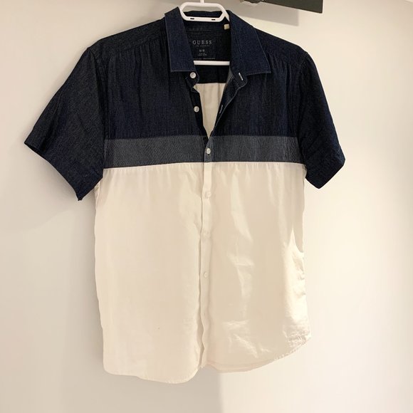 Guess Men's Short Sleeve Button Up Shirt Colour Block Blue White Denim Medium - Picture 1 of 5
